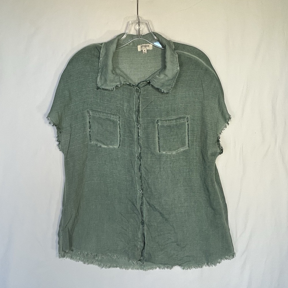 Umgee Women's Shirt Button Up Short Sleeve Raw Hem Pockets Green Size Medium